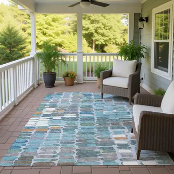 10' X 14' Teal Blue Copper And Ivory Abstract Washable Indoor Outdoor Area Rug