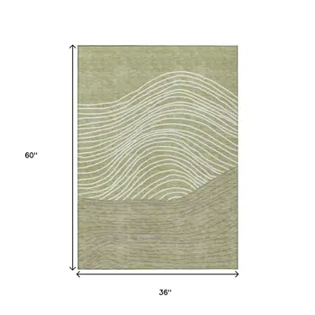 3' X 5' Artichoke Green And Ivory Striped Washable Indoor Outdoor Area Rug