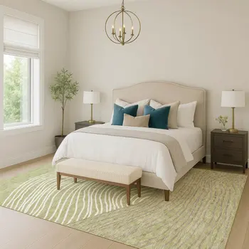 3' X 5' Artichoke Green And Ivory Striped Washable Indoor Outdoor Area Rug