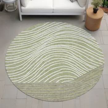 8' Artichoke Green And Ivory Round Striped Washable Indoor Outdoor Area Rug