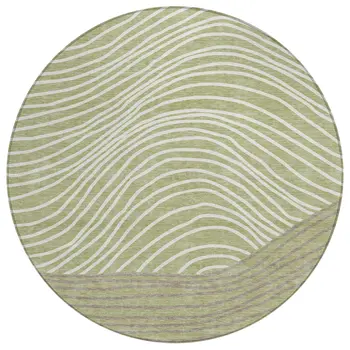 8' Artichoke Green And Ivory Round Striped Washable Indoor Outdoor Area Rug