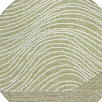 8' Artichoke Green And Ivory Round Striped Washable Indoor Outdoor Area Rug