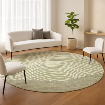 8' Artichoke Green And Ivory Round Striped Washable Indoor Outdoor Area Rug
