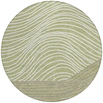 8' Artichoke Green And Ivory Round Striped Washable Indoor Outdoor Area Rug