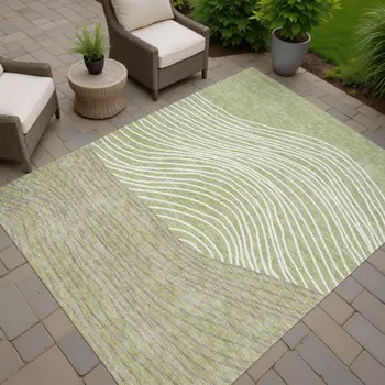 10' X 14' Artichoke Green And Ivory Striped Washable Indoor Outdoor Area Rug