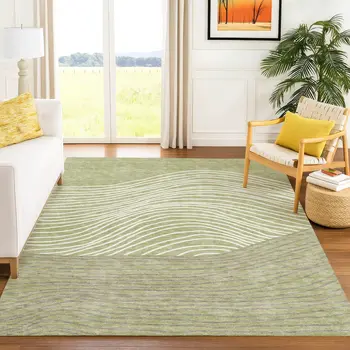 10' X 14' Artichoke Green And Ivory Striped Washable Indoor Outdoor Area Rug