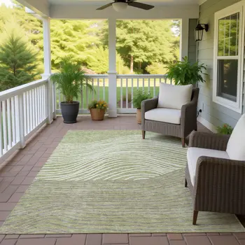 10' X 14' Artichoke Green And Ivory Striped Washable Indoor Outdoor Area Rug