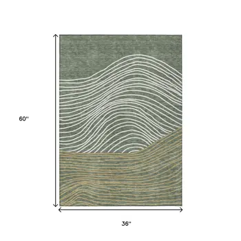 3' X 5' Fern Green Ivory And Gold Striped Washable Indoor Outdoor Area Rug