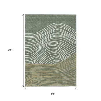 5' X 8' Fern Green Ivory And Gold Striped Washable Indoor Outdoor Area Rug