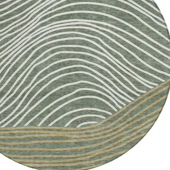8' Fern Green Ivory And Gold Round Striped Washable Indoor Outdoor Area Rug