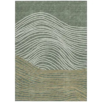 9' X 12' Fern Green Ivory And Gold Striped Washable Indoor Outdoor Area Rug