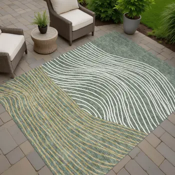 9' X 12' Fern Green Ivory And Gold Striped Washable Indoor Outdoor Area Rug