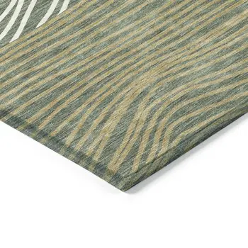 9' X 12' Fern Green Ivory And Gold Striped Washable Indoor Outdoor Area Rug