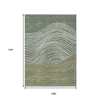 9' X 12' Fern Green Ivory And Gold Striped Washable Indoor Outdoor Area Rug