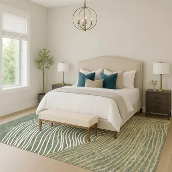 9' X 12' Fern Green Ivory And Gold Striped Washable Indoor Outdoor Area Rug