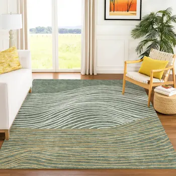 9' X 12' Fern Green Ivory And Gold Striped Washable Indoor Outdoor Area Rug