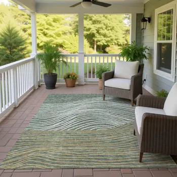 9' X 12' Fern Green Ivory And Gold Striped Washable Indoor Outdoor Area Rug