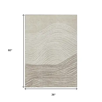 3' X 5' Beige Ivory And Brown Striped Washable Indoor Outdoor Area Rug