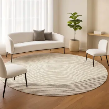 8' Beige Ivory And Brown Round Striped Washable Indoor Outdoor Area Rug