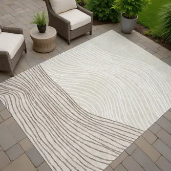 8' X 10' Beige Ivory And Brown Striped Washable Indoor Outdoor Area Rug