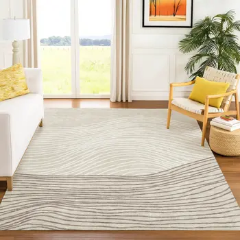 8' X 10' Beige Ivory And Brown Striped Washable Indoor Outdoor Area Rug