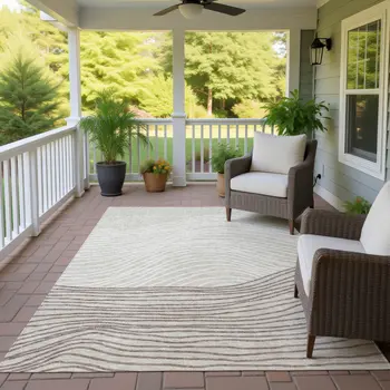 8' X 10' Beige Ivory And Brown Striped Washable Indoor Outdoor Area Rug