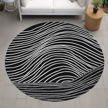 8' Black Ivory And Gray Round Striped Washable Indoor Outdoor Area Rug