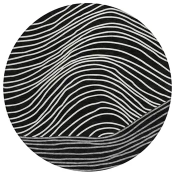 8' Black Ivory And Gray Round Striped Washable Indoor Outdoor Area Rug