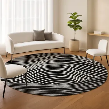 8' Black Ivory And Gray Round Striped Washable Indoor Outdoor Area Rug
