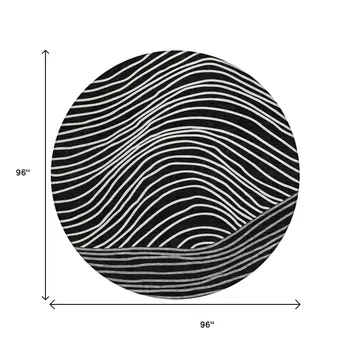 8' Black Ivory And Gray Round Striped Washable Indoor Outdoor Area Rug