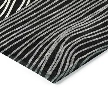 9' X 12' Black Ivory And Gray Striped Washable Indoor Outdoor Area Rug