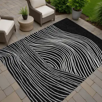 10' X 14' Black Ivory And Gray Striped Washable Indoor Outdoor Area Rug