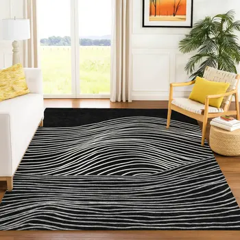 10' X 14' Black Ivory And Gray Striped Washable Indoor Outdoor Area Rug