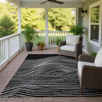 10' X 14' Black Ivory And Gray Striped Washable Indoor Outdoor Area Rug