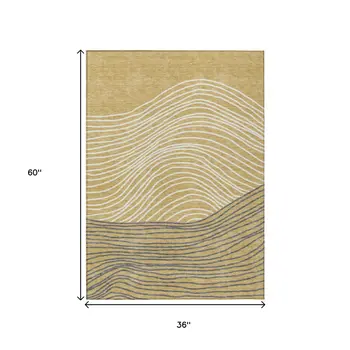 3' X 5' Gold Ivory And Charcoal Striped Washable Indoor Outdoor Area Rug
