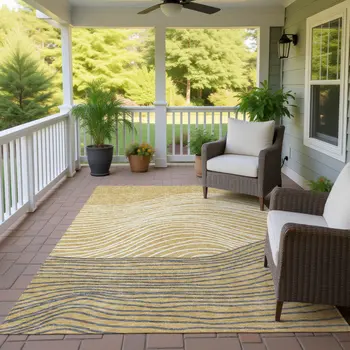 3' X 5' Gold Ivory And Charcoal Striped Washable Indoor Outdoor Area Rug