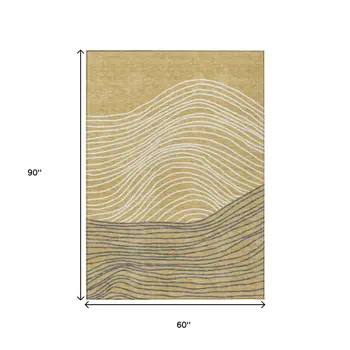 5' X 8' Gold Ivory And Charcoal Striped Washable Indoor Outdoor Area Rug