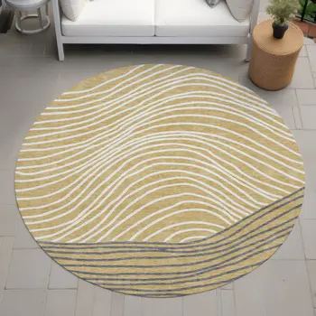 8' Gold Ivory And Charcoal Round Striped Washable Indoor Outdoor Area Rug
