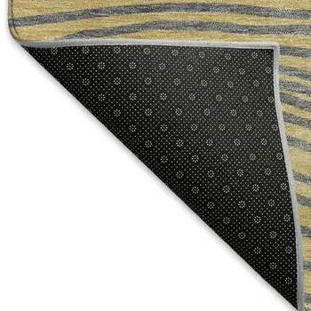 8' Gold Ivory And Charcoal Round Striped Washable Indoor Outdoor Area Rug