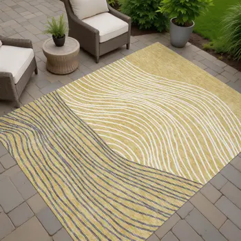8' X 10' Gold Ivory And Charcoal Striped Washable Indoor Outdoor Area Rug