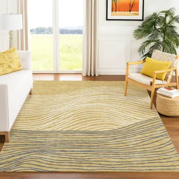 8' X 10' Gold Ivory And Charcoal Striped Washable Indoor Outdoor Area Rug