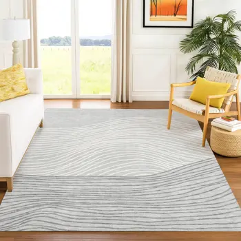 5' X 8' Gray And Ivory Striped Washable Indoor Outdoor Area Rug