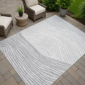 9' X 12' Gray And Ivory Striped Washable Indoor Outdoor Area Rug