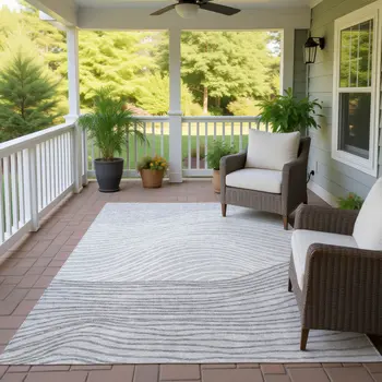 9' X 12' Gray And Ivory Striped Washable Indoor Outdoor Area Rug