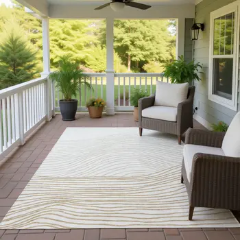 8' X 10' Ivory And Wheat Striped Washable Indoor Outdoor Area Rug