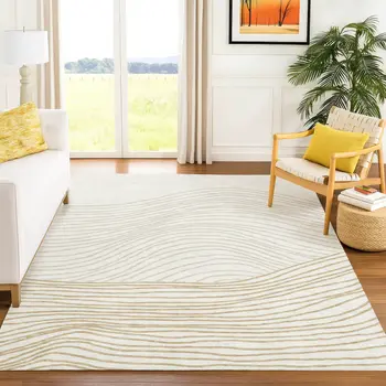 9' X 12' Ivory And Wheat Striped Washable Indoor Outdoor Area Rug