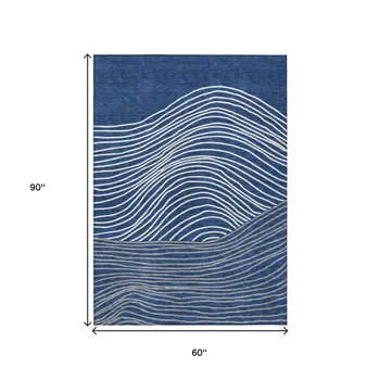 5' X 8' Navy Blue And Ivory Striped Washable Indoor Outdoor Area Rug