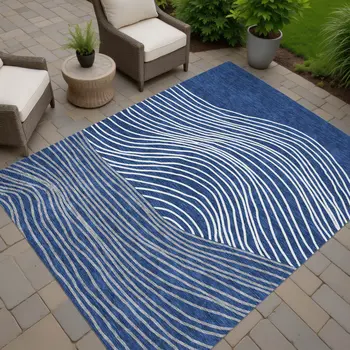 5' X 8' Navy Blue And Ivory Striped Washable Indoor Outdoor Area Rug
