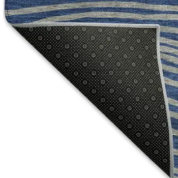 5' X 8' Navy Blue And Ivory Striped Washable Indoor Outdoor Area Rug