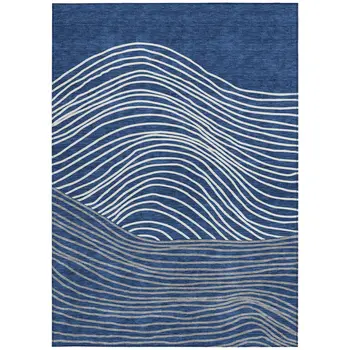 5' X 8' Navy Blue And Ivory Striped Washable Indoor Outdoor Area Rug